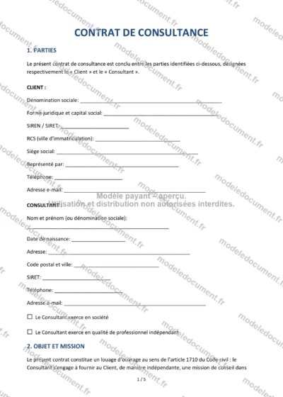Contrat de consultance — modèle à télécharger, aperçu de la page 1 sur 5