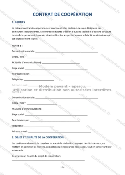 Contrat de coopération — modèle à télécharger, aperçu de la page 1 sur 4