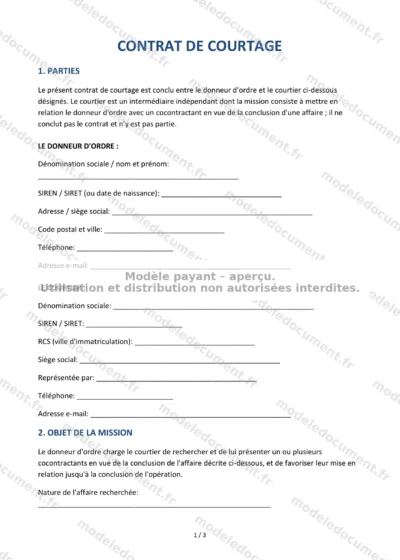 Contrat de courtage — modèle à télécharger, aperçu de la page 1 sur 3