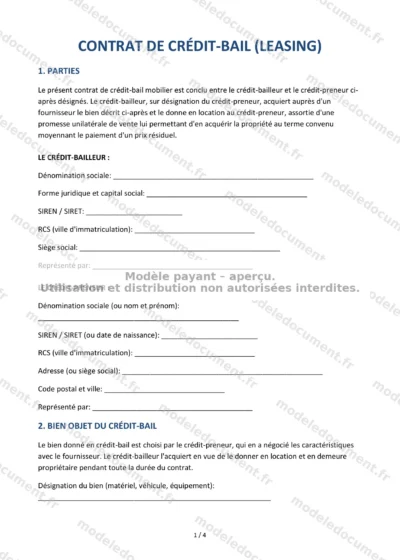 Contrat de crédit-bail (leasing) — modèle à télécharger, aperçu de la page 1 sur 4