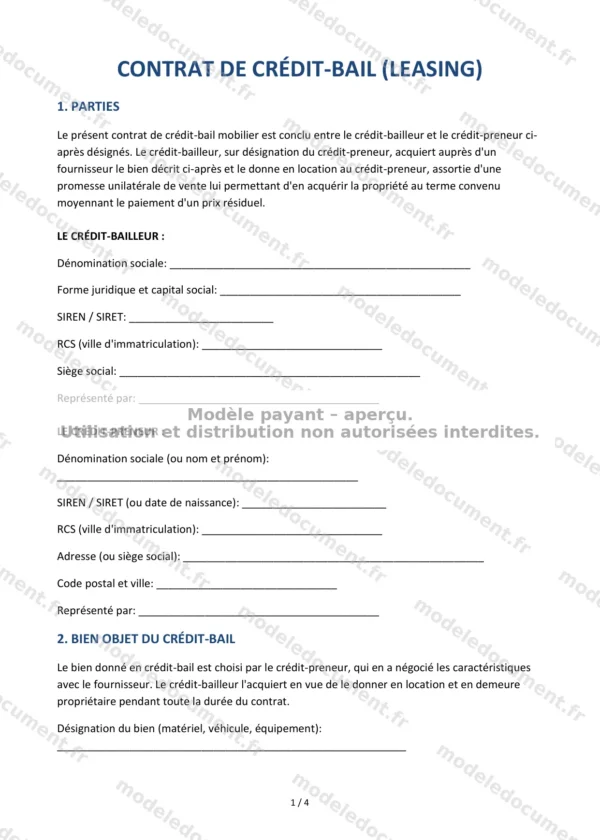 Contrat de crédit-bail (leasing) — Modèle Word & PDF