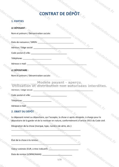 Contrat de dépôt — modèle à télécharger, aperçu de la page 1 sur 3
