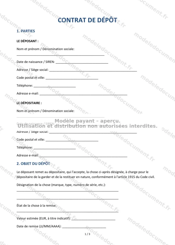 Contrat de dépôt — Modèle Word & PDF