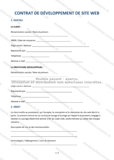 Contrat de développement de site web — modèle à télécharger, aperçu de la page 1 sur 4