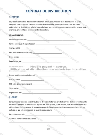 Contrat de distribution — modèle à télécharger, aperçu de la page 1 sur 4