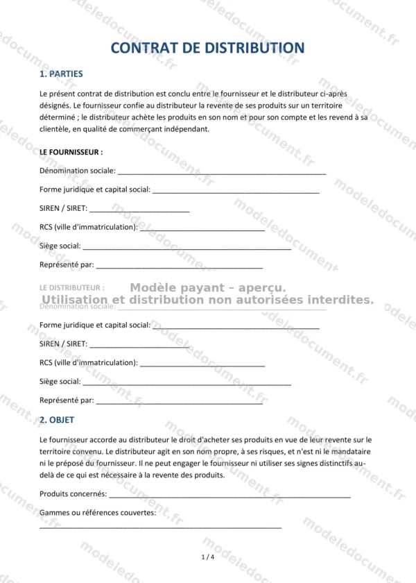 Contrat de distribution — Modèle Word & PDF
