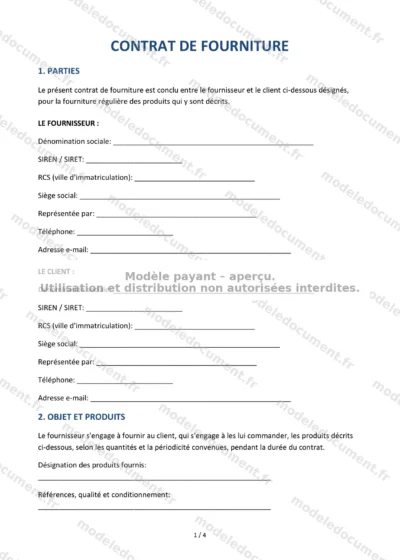Contrat de fourniture — modèle à télécharger, aperçu de la page 1 sur 4