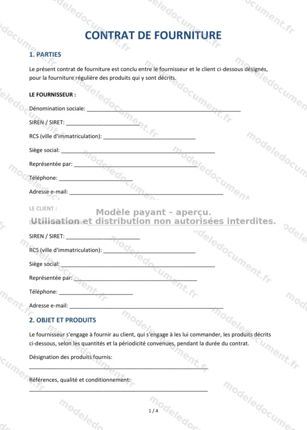 Contrat de fourniture — Modèle Word & PDF