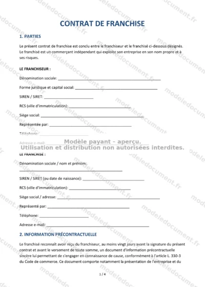 Contrat de franchise — modèle à télécharger, aperçu de la page 1 sur 4