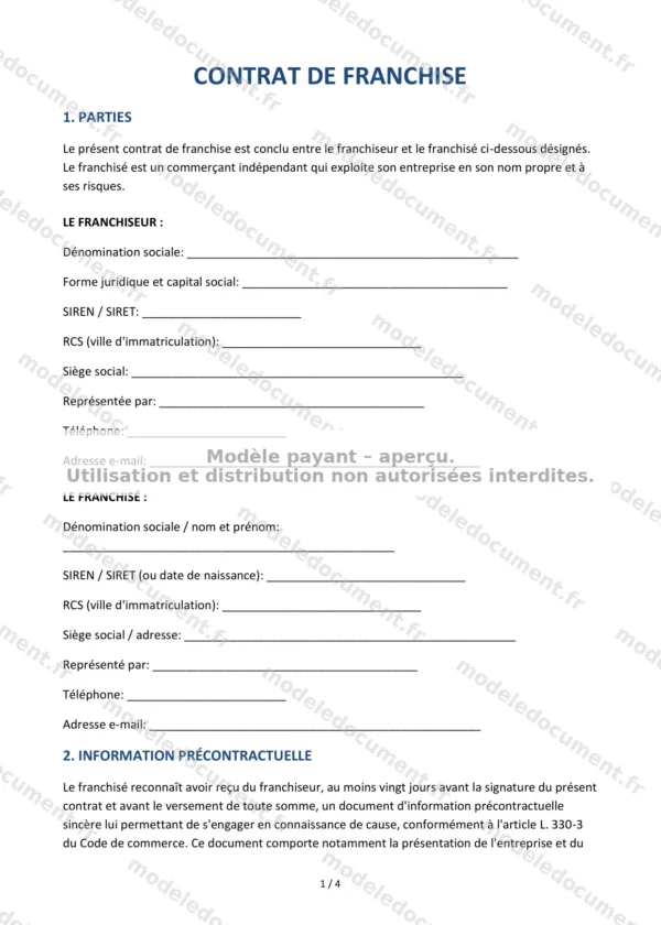 Contrat de franchise — Modèle Word & PDF