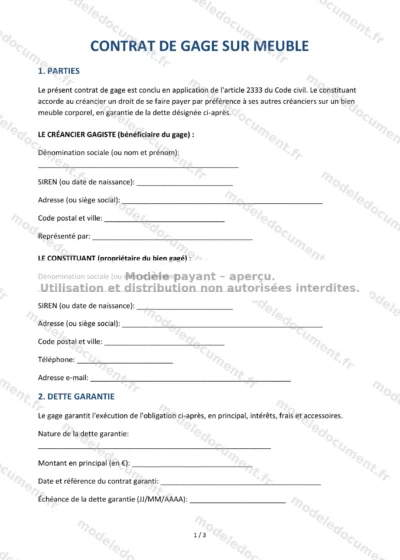 Contrat de gage sur meuble — modèle à télécharger, aperçu de la page 1 sur 3