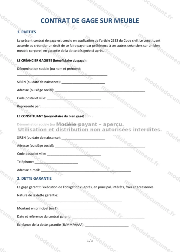 Contrat de gage sur meuble — Modèle Word & PDF