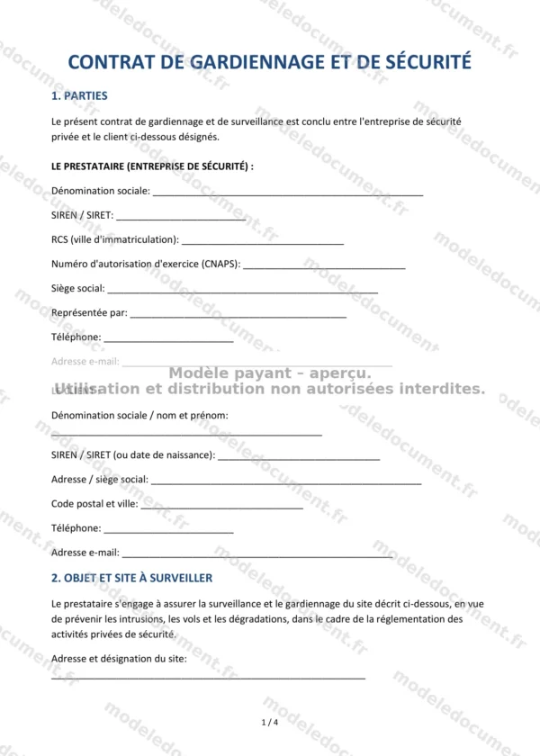 Contrat de gardiennage et de sécurité — Modèle Word & PDF
