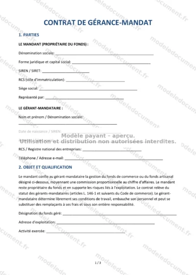Contrat de gérance-mandat — modèle à télécharger, aperçu de la page 1 sur 3