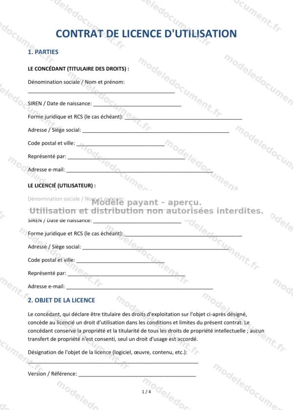 Contrat de licence d&rsquo;utilisation — Modèle Word & PDF