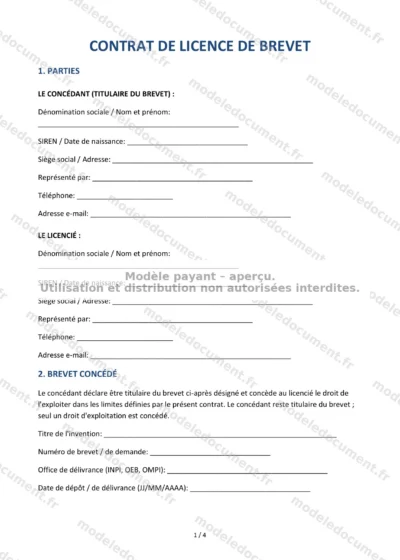 Contrat de licence de brevet — modèle à télécharger, aperçu de la page 1 sur 4