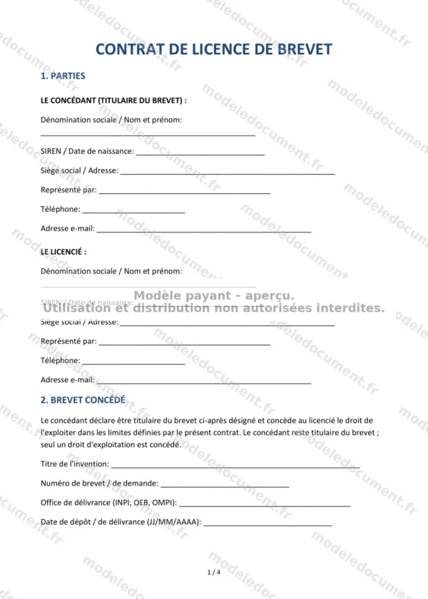 Contrat de licence de brevet — Modèle Word & PDF