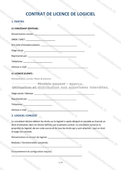 Contrat de licence de logiciel — modèle à télécharger, aperçu de la page 1 sur 4