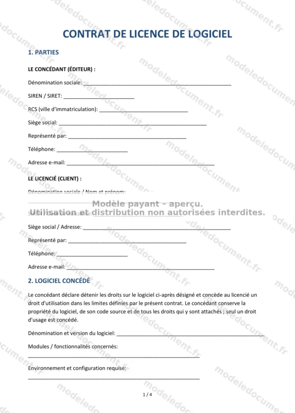 Contrat de licence de logiciel — Modèle Word & PDF