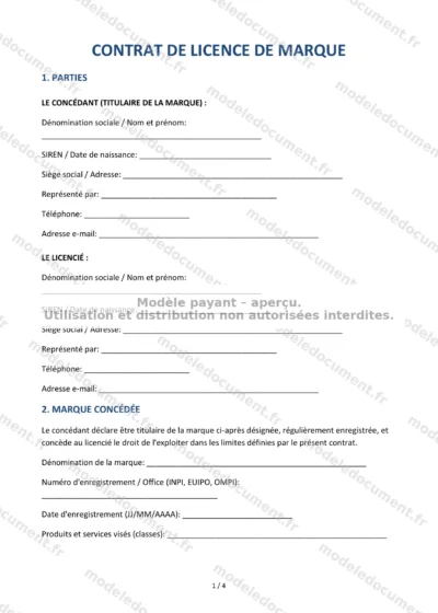 Contrat de licence de marque — modèle à télécharger, aperçu de la page 1 sur 4