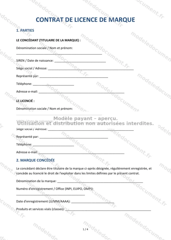 Contrat de licence de marque — Modèle Word & PDF