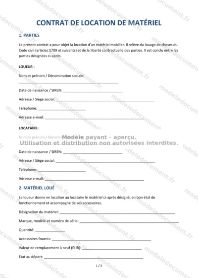 Contrat de location de matériel — modèle à télécharger, aperçu de la page 1 sur 3