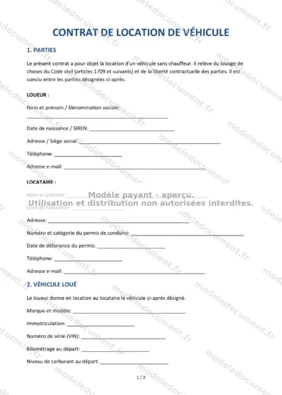 Contrat de location de véhicule — modèle à télécharger, aperçu de la page 1 sur 3