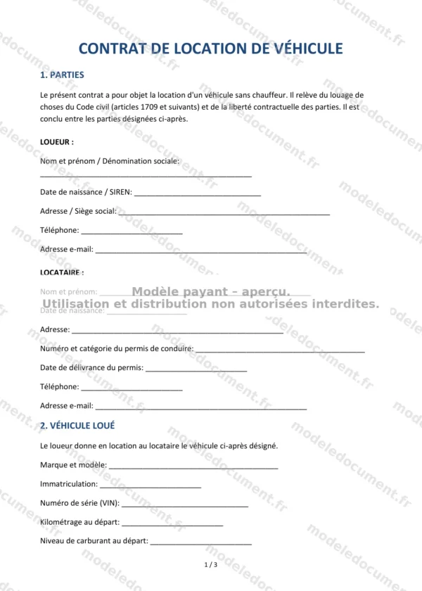 Contrat de location de véhicule — Modèle Word & PDF