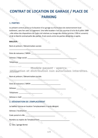 Contrat de location de garage / place de parking — modèle à télécharger, aperçu de la page 1 sur 3