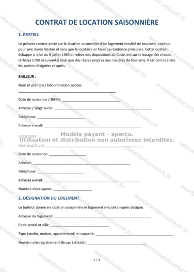 Contrat de location saisonnière — modèle à télécharger, aperçu de la page 1 sur 3