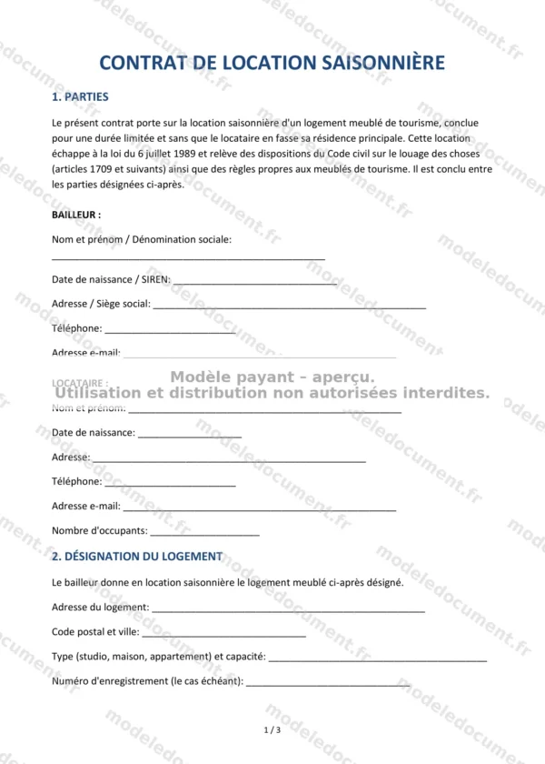 Contrat de location saisonnière — Modèle Word & PDF