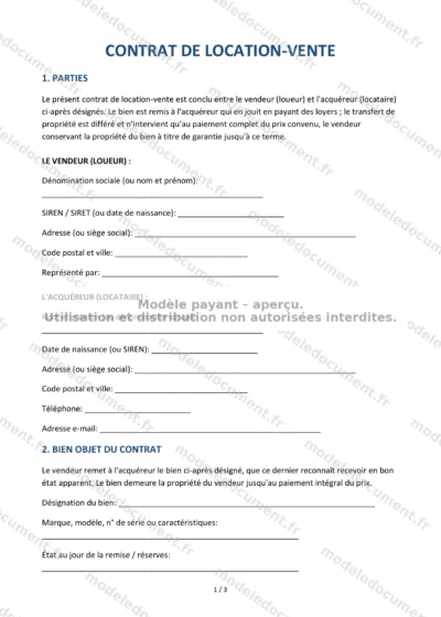 Contrat de location-vente — modèle à télécharger, aperçu de la page 1 sur 3