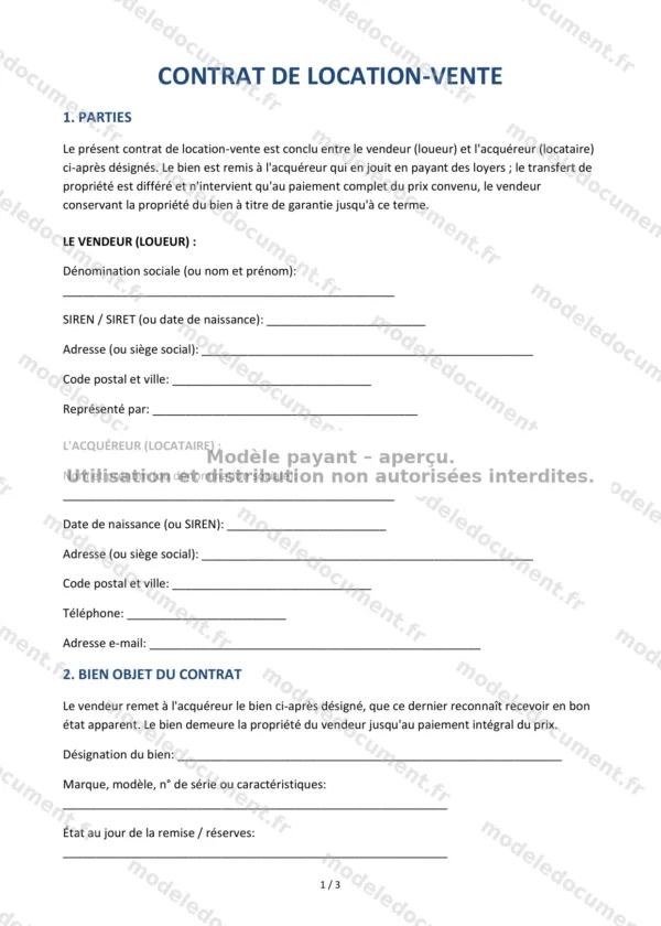 Contrat de location-vente — Modèle Word & PDF
