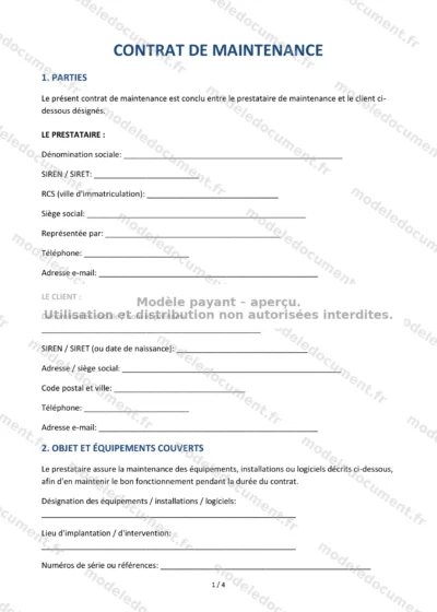 Contrat de maintenance — modèle à télécharger, aperçu de la page 1 sur 4
