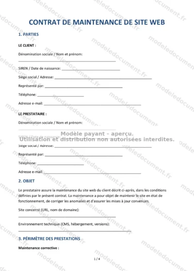 Contrat de maintenance de site web — modèle à télécharger, aperçu de la page 1 sur 4