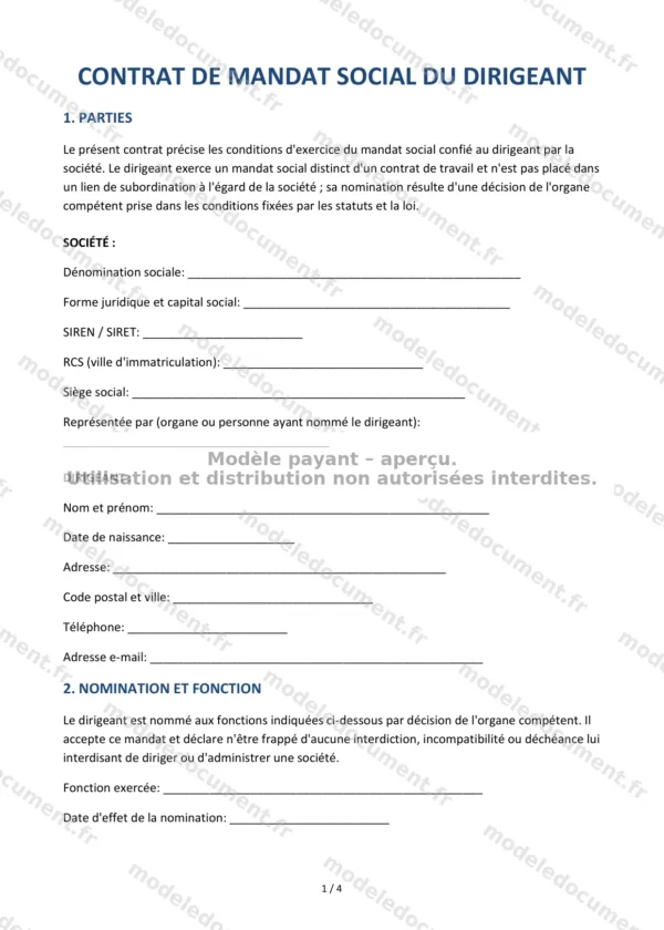 Contrat de mandat social du dirigeant — Modèle Word & PDF
