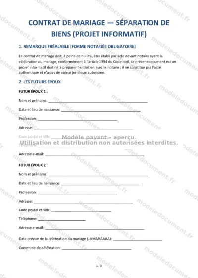 Contrat de mariage – séparation de biens — modèle à télécharger, aperçu de la page 1 sur 3