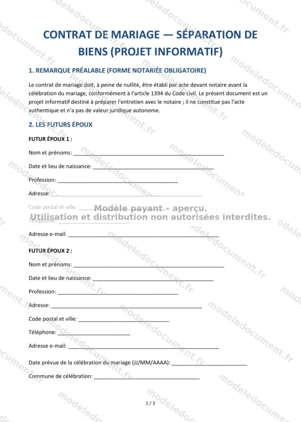 Contrat de mariage – séparation de biens — Modèle Word & PDF