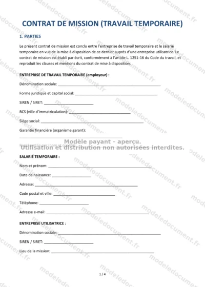 Contrat de mission (travail temporaire) — modèle à télécharger, aperçu de la page 1 sur 4