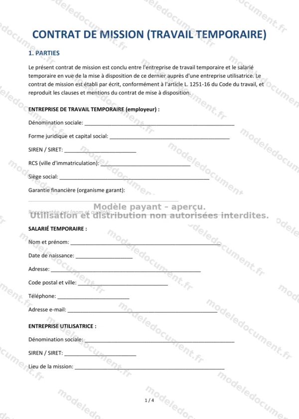 Contrat de mission (travail temporaire) — Modèle Word & PDF