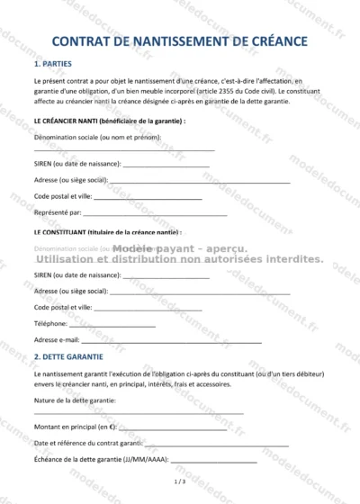 Contrat de nantissement de créance — modèle à télécharger, aperçu de la page 1 sur 3