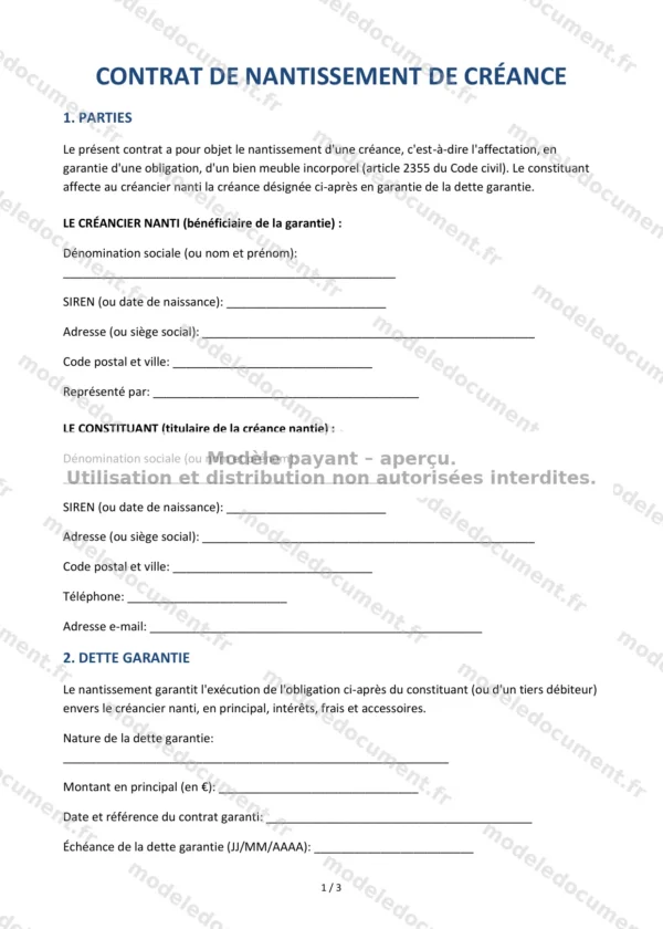 Contrat de nantissement de créance — Modèle Word & PDF