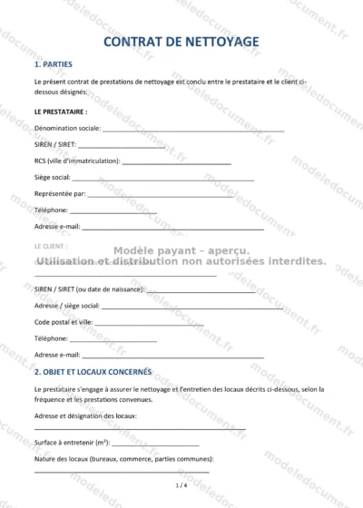 Contrat de nettoyage — modèle à télécharger, aperçu de la page 1 sur 4