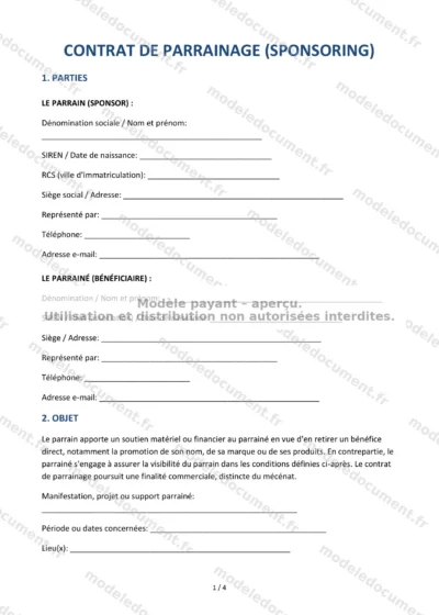 Contrat de parrainage (sponsoring) — modèle à télécharger, aperçu de la page 1 sur 4