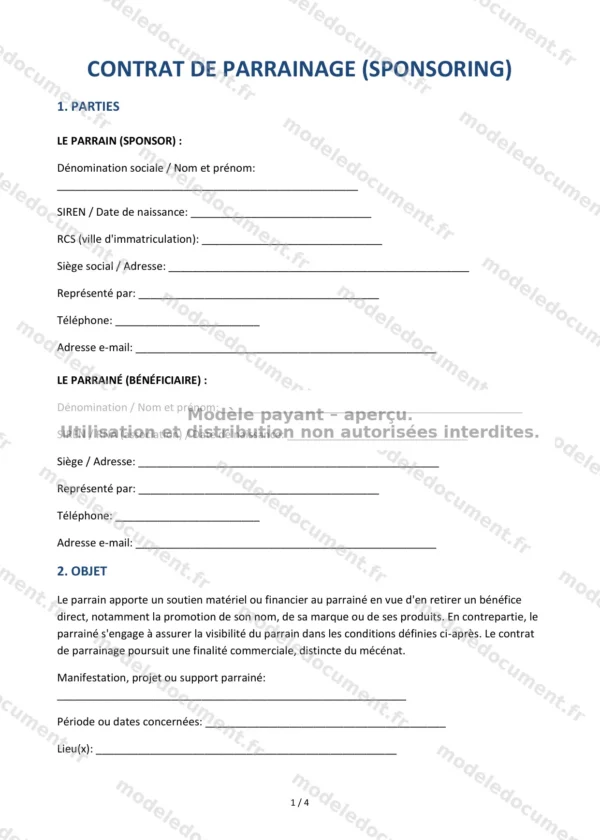 Contrat de parrainage (sponsoring) — Modèle Word & PDF