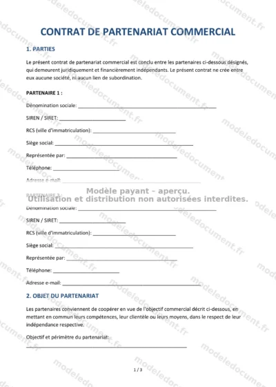 Contrat de partenariat commercial — modèle à télécharger, aperçu de la page 1 sur 3
