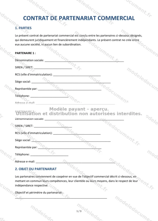 Contrat de partenariat commercial — Modèle Word & PDF