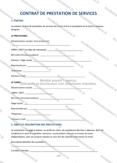 Contrat de prestation de services B2B — modèle à télécharger, aperçu de la page 1 sur 4