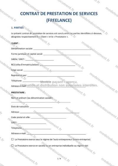 Contrat de prestation de services freelance — modèle à télécharger, aperçu de la page 1 sur 4