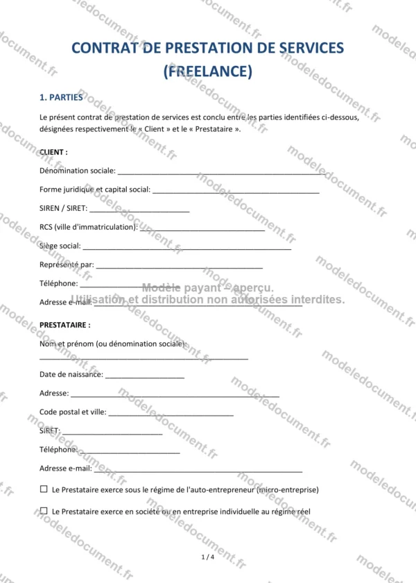 Contrat de prestation de services freelance — Modèle Word & PDF